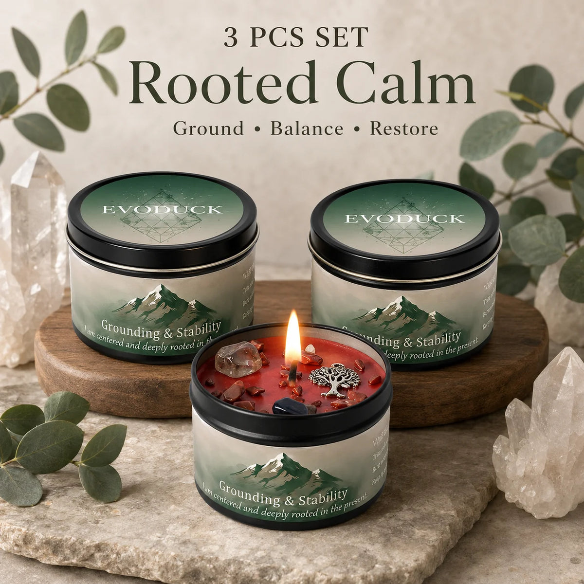 A set of three Evoduck candles for Grounding, Balance, and Restore featuring Vetiver and Cedarwood scents.