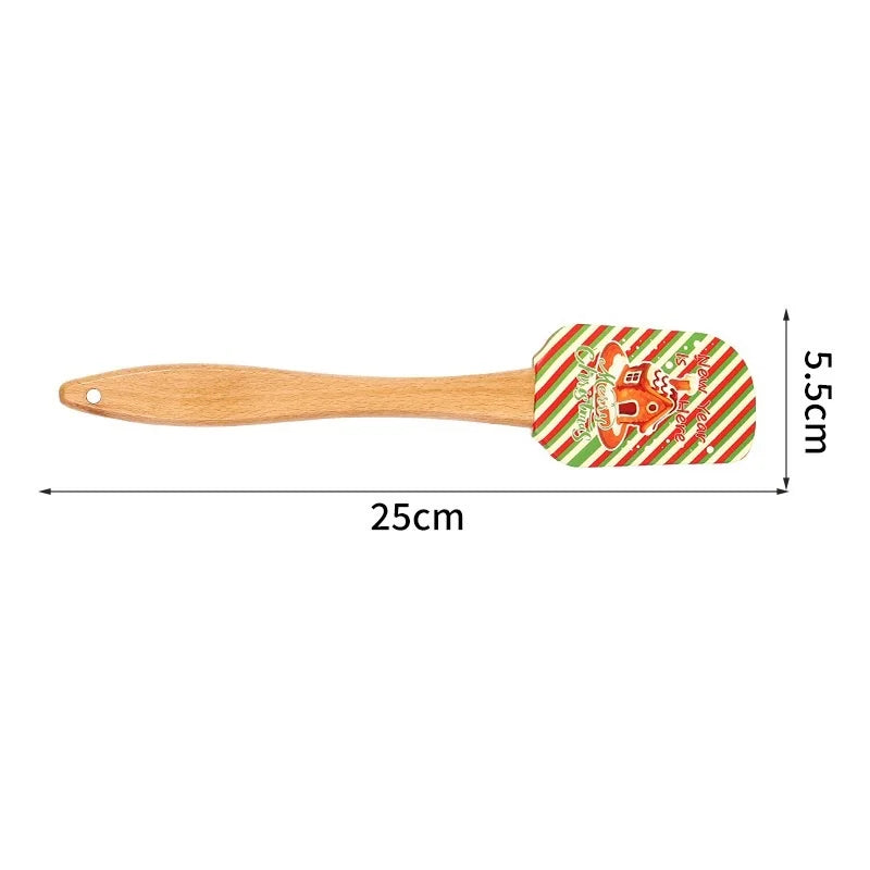 Festive Christmas silicone spatula with a wooden handle featuring a holiday pattern for baking.
