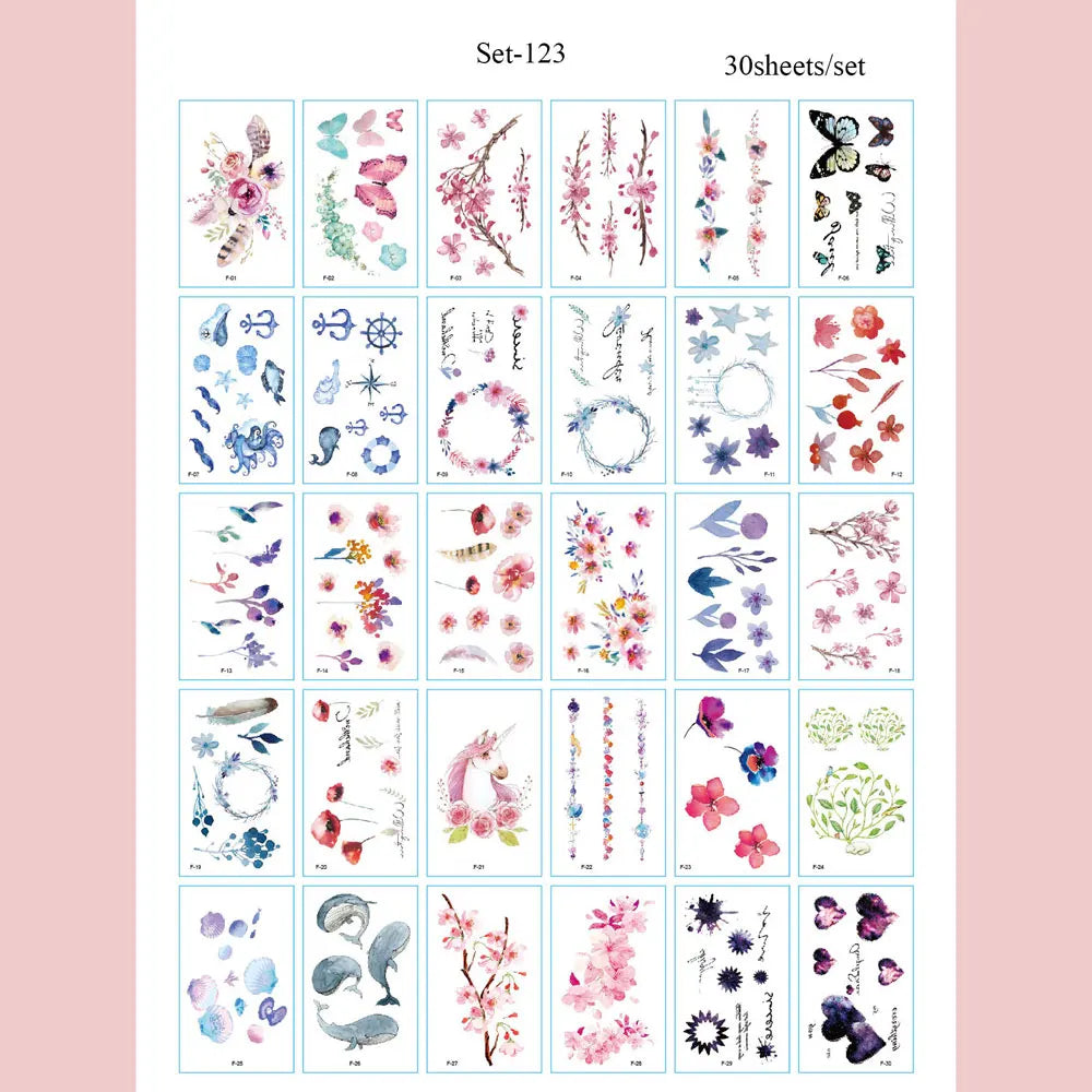A sheet of 30 temporary waterproof body art stickers featuring floral and nature designs.