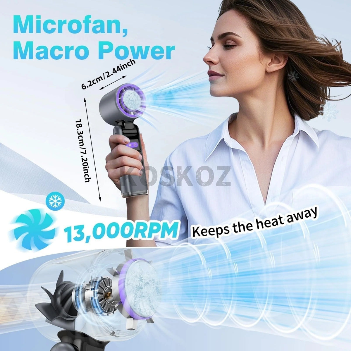 A woman is using a Microfan with Macro Power to keep the heat away, demonstrating its 13,000RPM cooling capability.