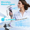 A woman is using a Microfan with Macro Power to keep the heat away, demonstrating its 13,000RPM cooling capability.
