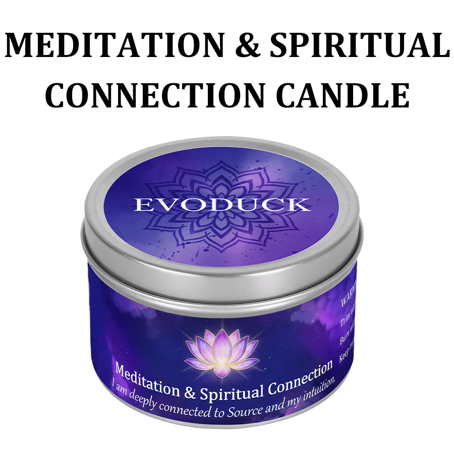 A purple jar candle labeled Meditation & Spiritual Connection Candle with a lotus design.