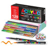 A box of 120 acrylic brush markers and a set of individual acrylic marker pens.