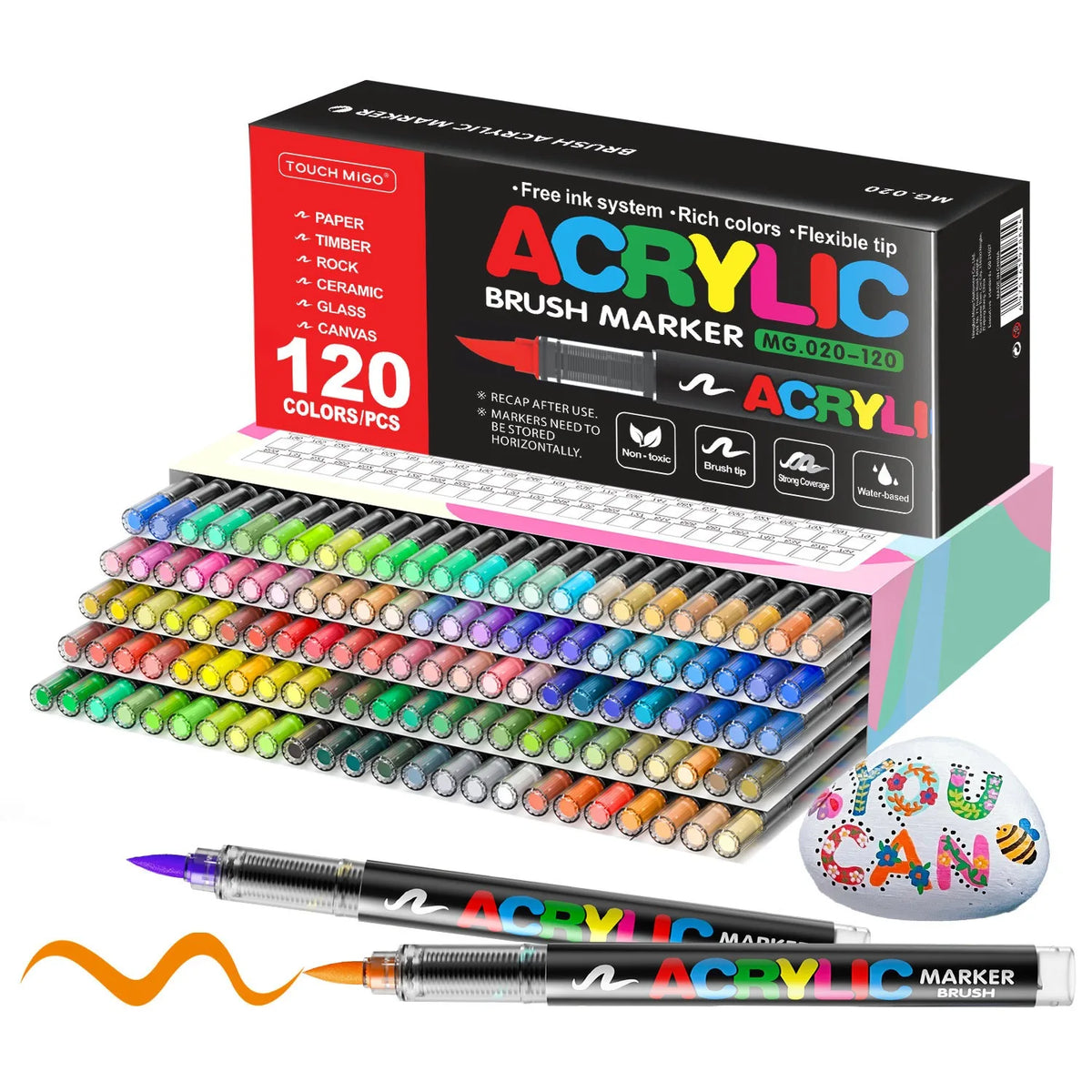 A box of 120 acrylic brush markers and a set of individual acrylic marker pens.