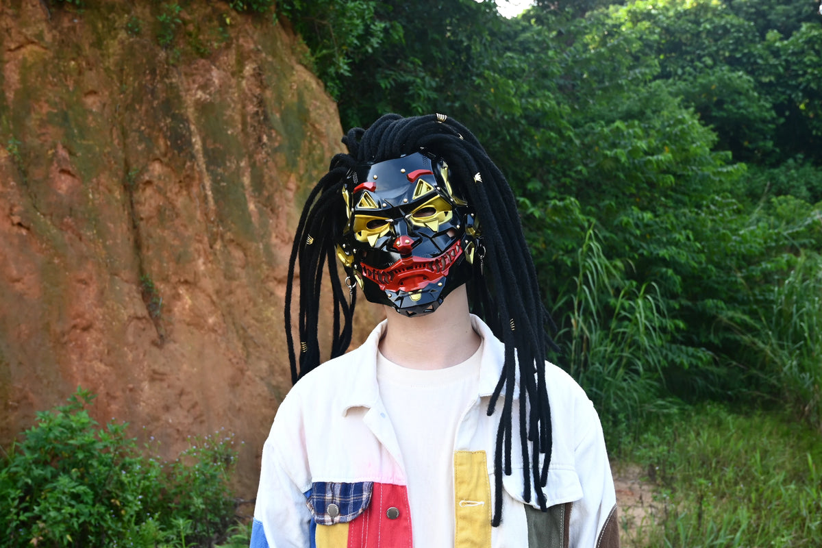 Mechanical Clown Dreadlock Mask with Punk Rivet Detailing