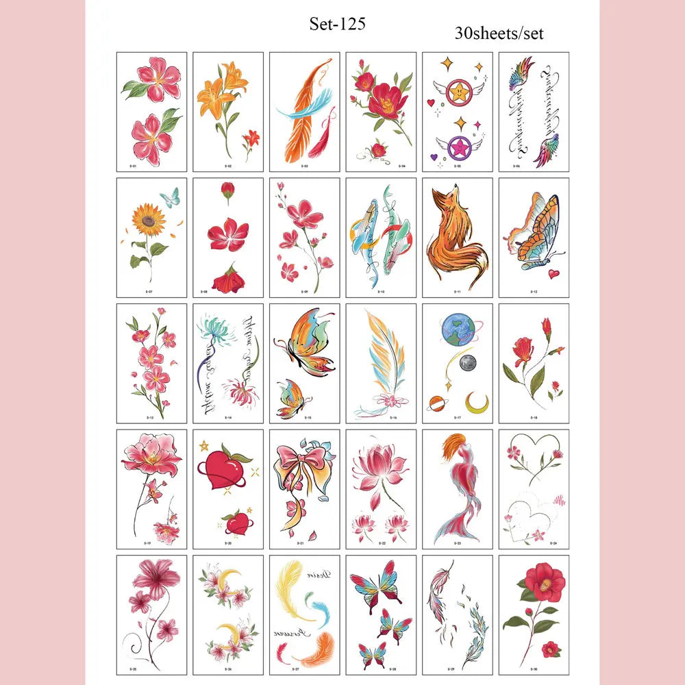A sheet of 30 waterproof temporary body art stickers featuring various floral and nature designs.