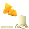 Ivory candle in a gold wire stand with bright yellow dye blocks.