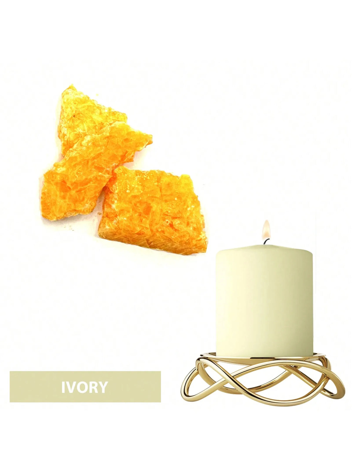 Ivory candle in a gold wire stand with bright yellow dye blocks.