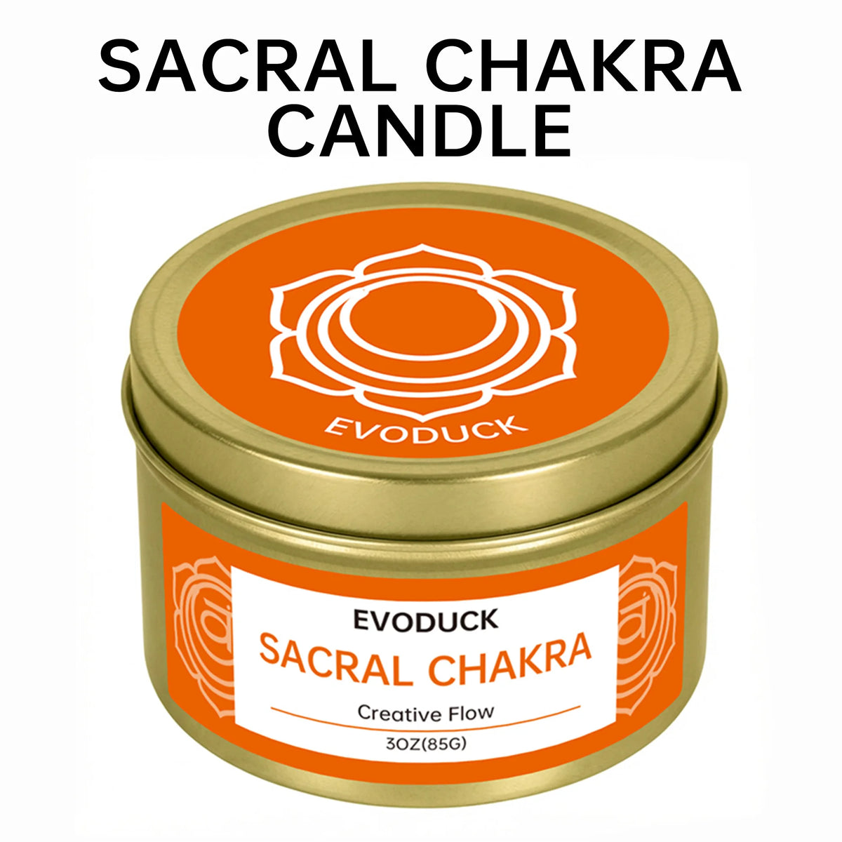 A jar of Evoduck Sacral Chakra candle with an orange label and gold lid.
