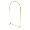 A slender, gold-colored metal arch stand designed for events and celebrations.