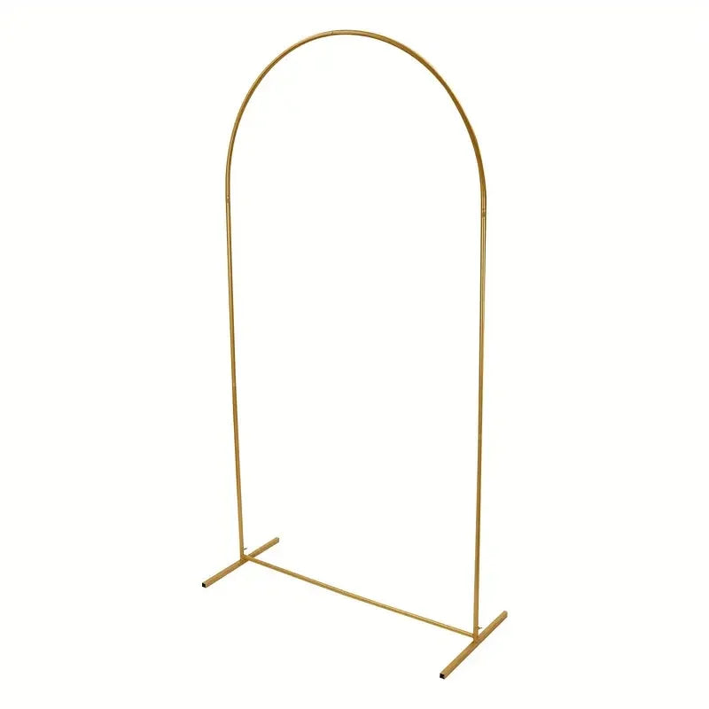 A slender, gold-colored metal arch stand designed for events and celebrations.
