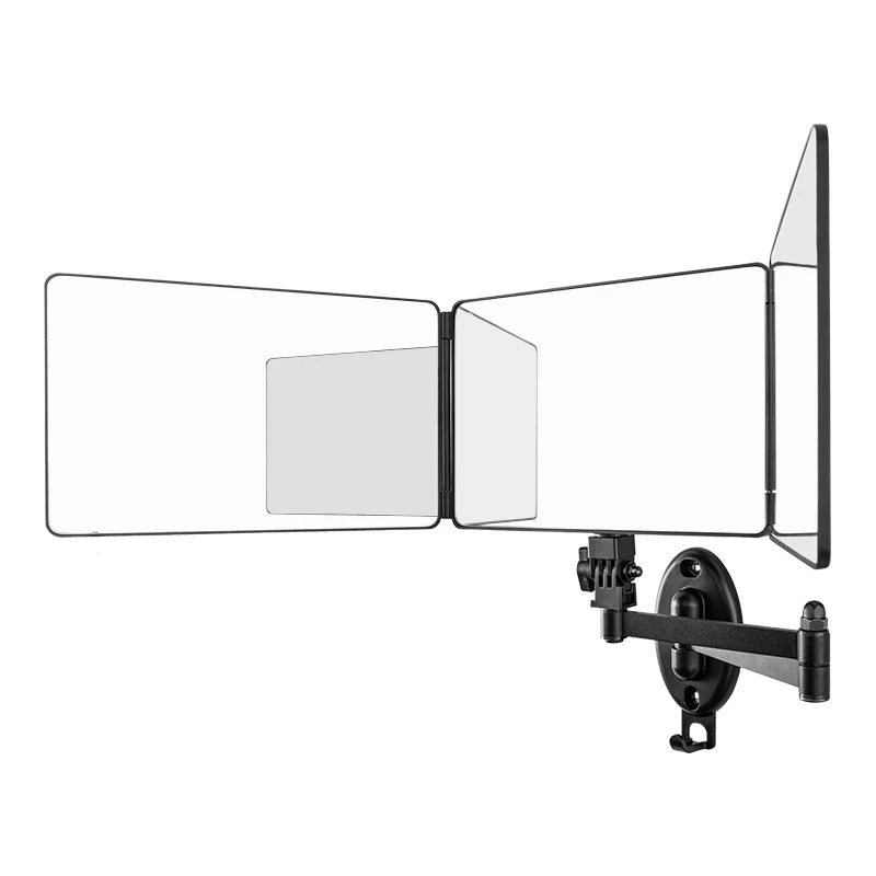 A wall-mounted hair cutting mirror with three adjustable sections and an LED light.
