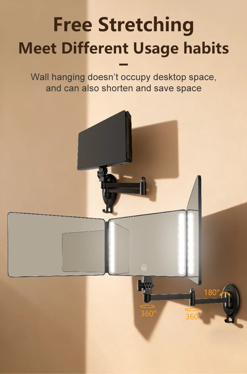 A wall-mounted, three-way adjustable hair cutting mirror with an LED light is shown mounted on a wall.