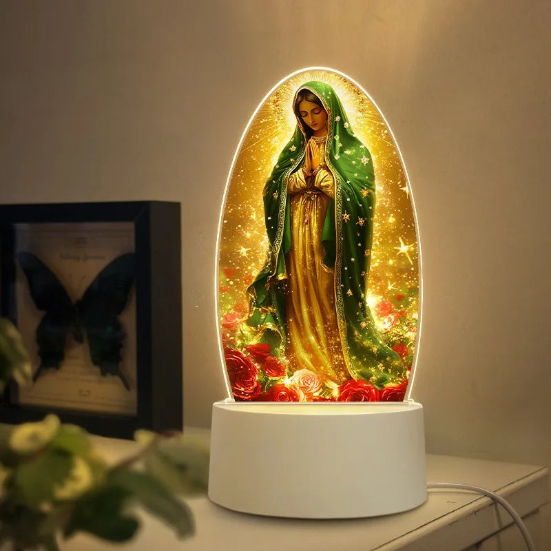 Acrylic LED night light of Our Lady of Guadalupe with a green mantle and gold dress