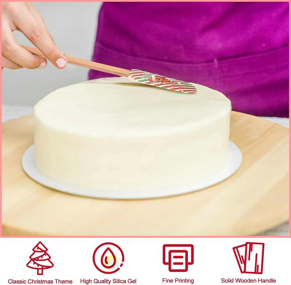 Festive Christmas silicone spatula with a wooden handle used for baking.
