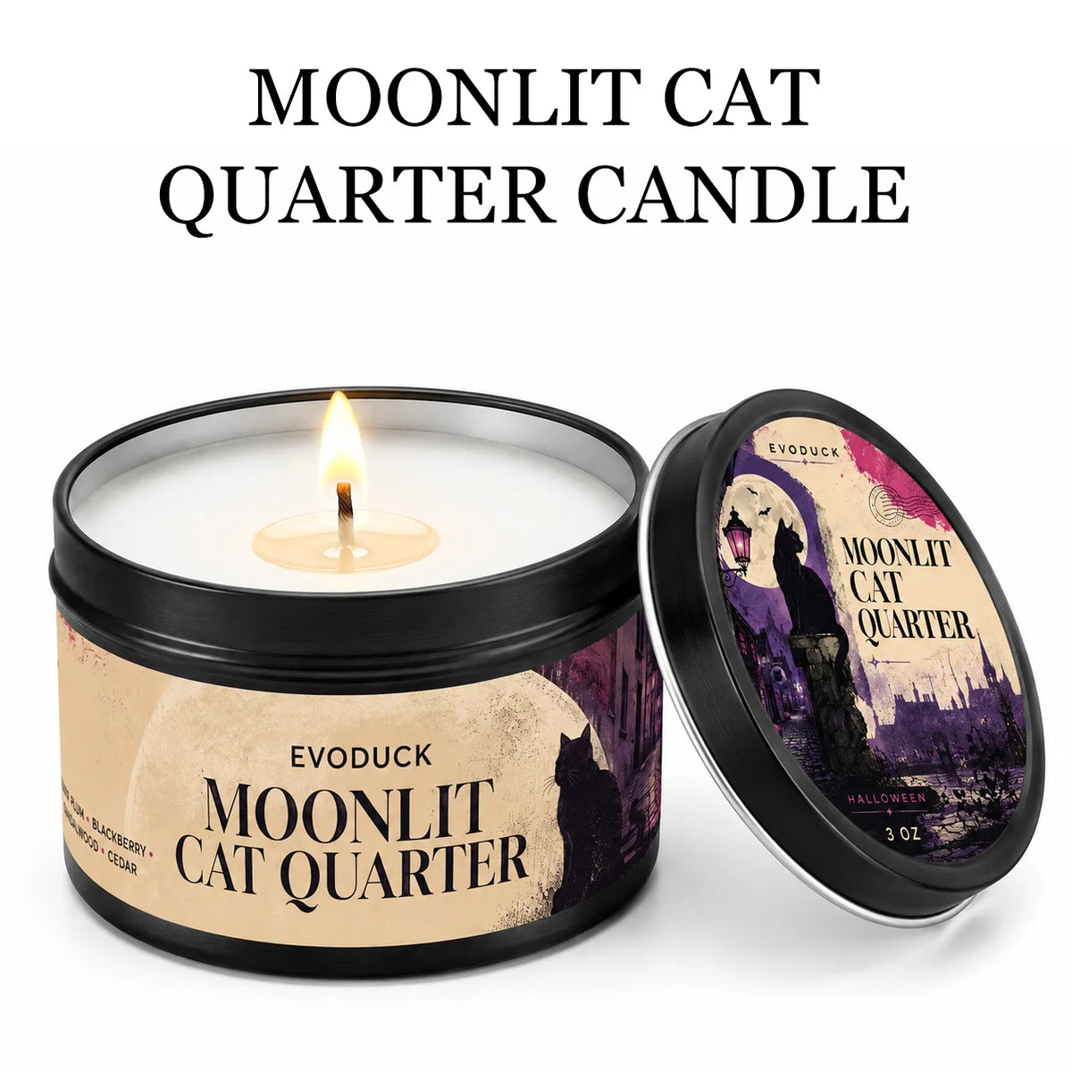 A jar of Moonlit Cat Quarter candle and an open lid showing the product label.