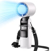 A white handheld cooling fan with a blue light beam, attached to a black strap.