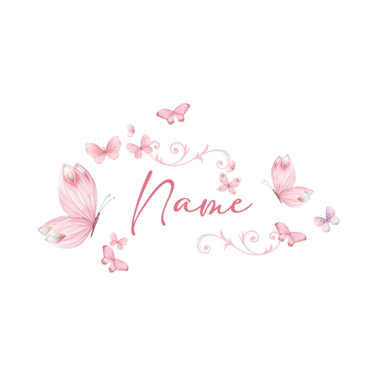 Watercolor pink butterflies and elegant script spelling the word Name on a white background