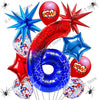 A collection of red and blue foil balloons shaped like the number 40, including a spider theme.