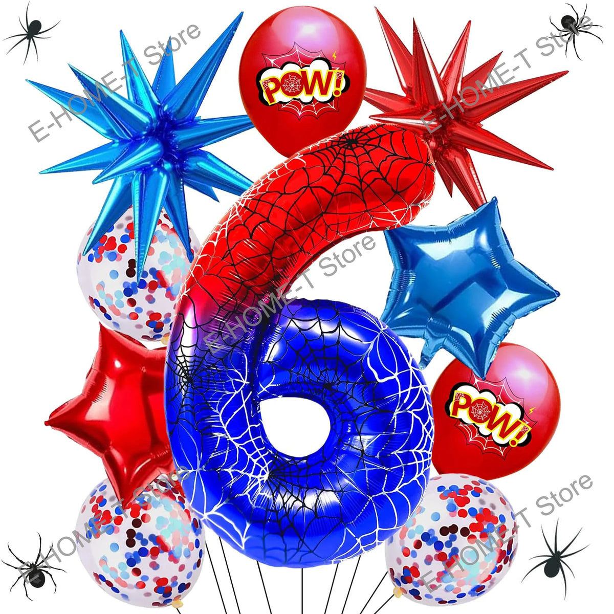 A collection of red and blue foil balloons shaped like the number 40, including a spider theme.