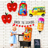 A set of six foil balloons shaped like apples and a yellow school bus for back-to-school celebrations