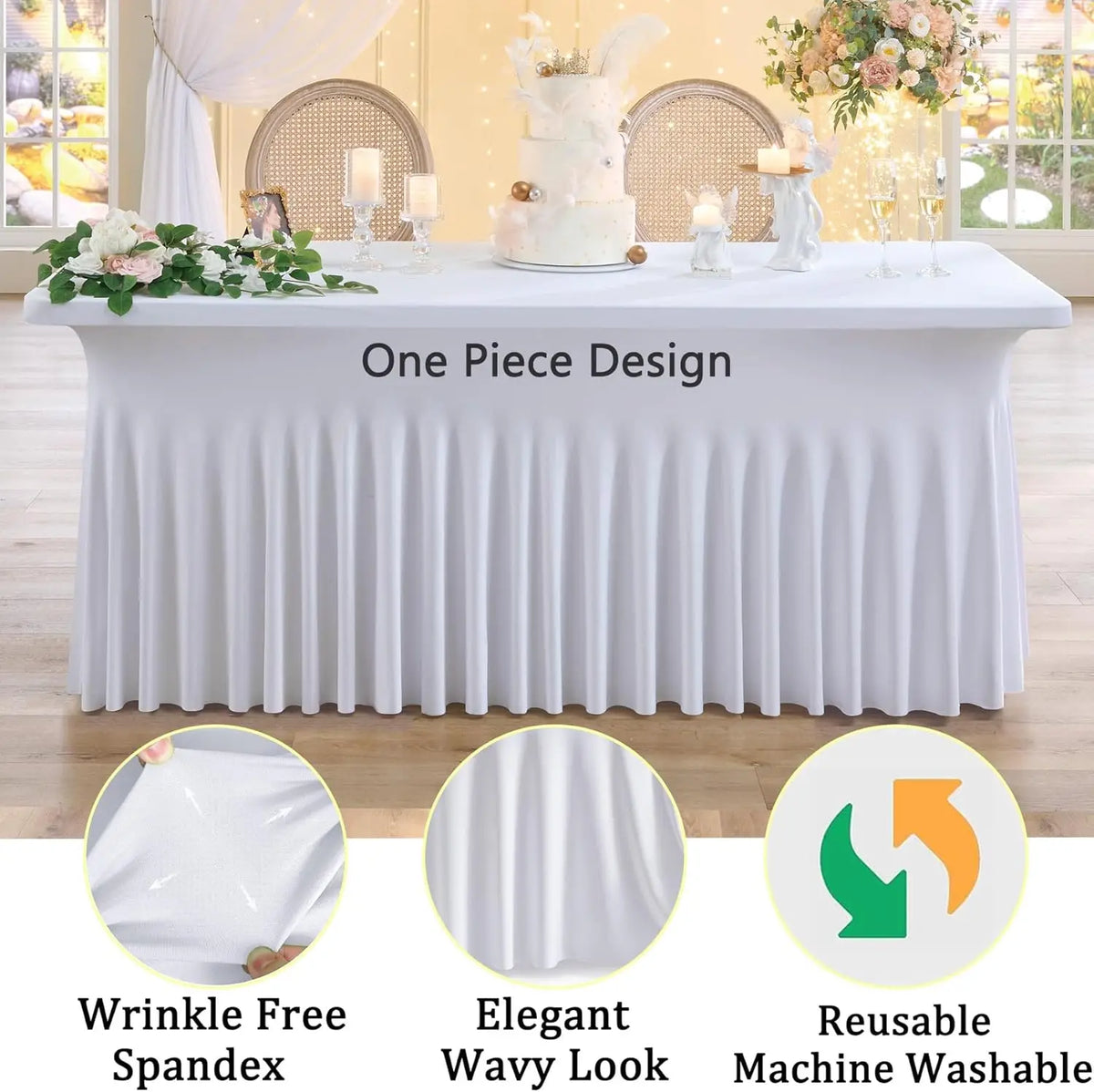 White pleated tablecloth cover with a tiered cake display and spandex fabric details