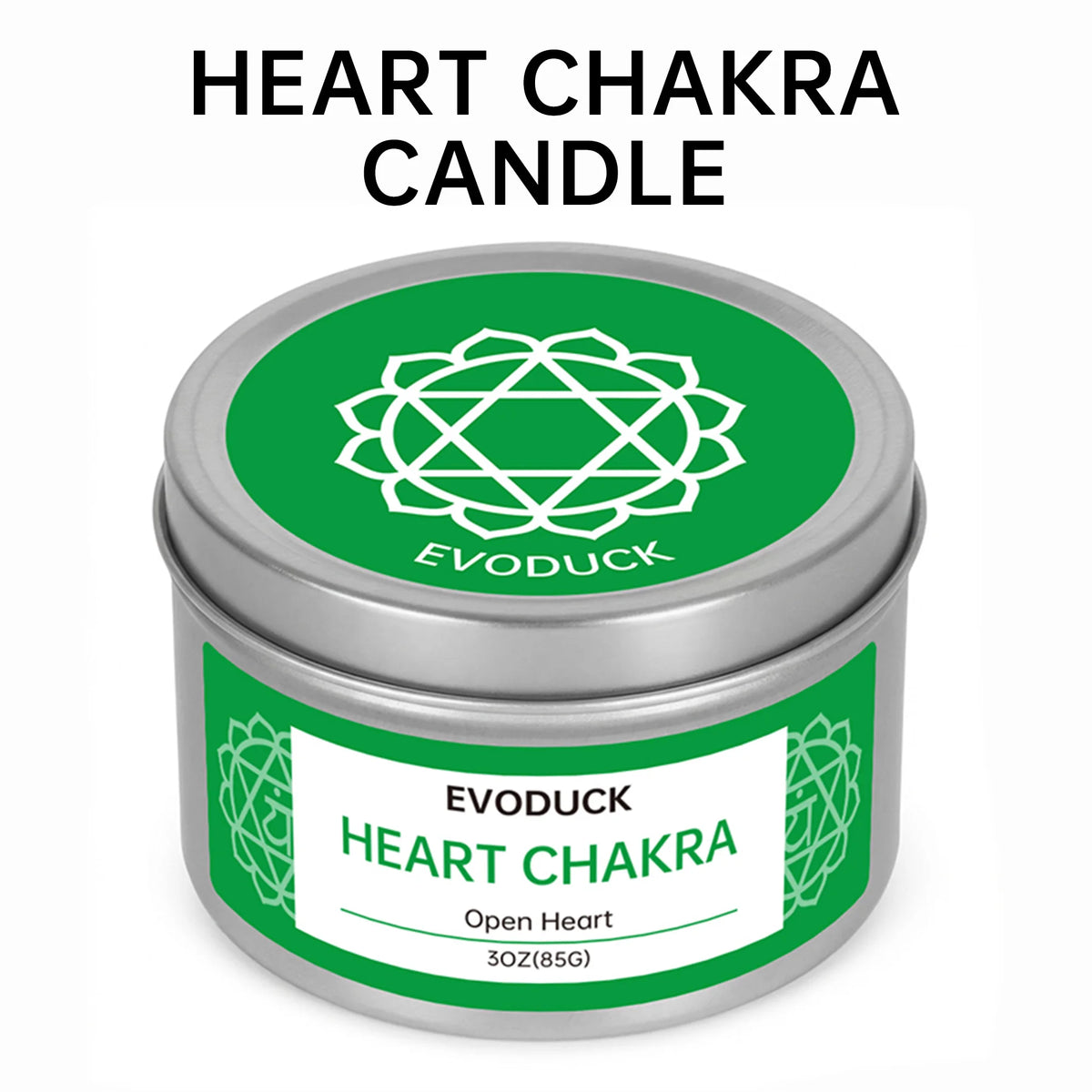 A jar of Heart Chakra candle labeled Evoduck with a green lid and a decorative chakra symbol.