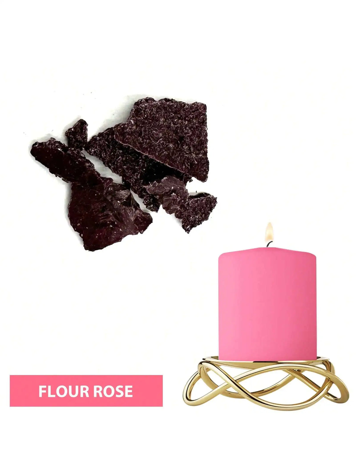 A pink candle in a gold wire holder next to dark purple flower rose dye blocks.