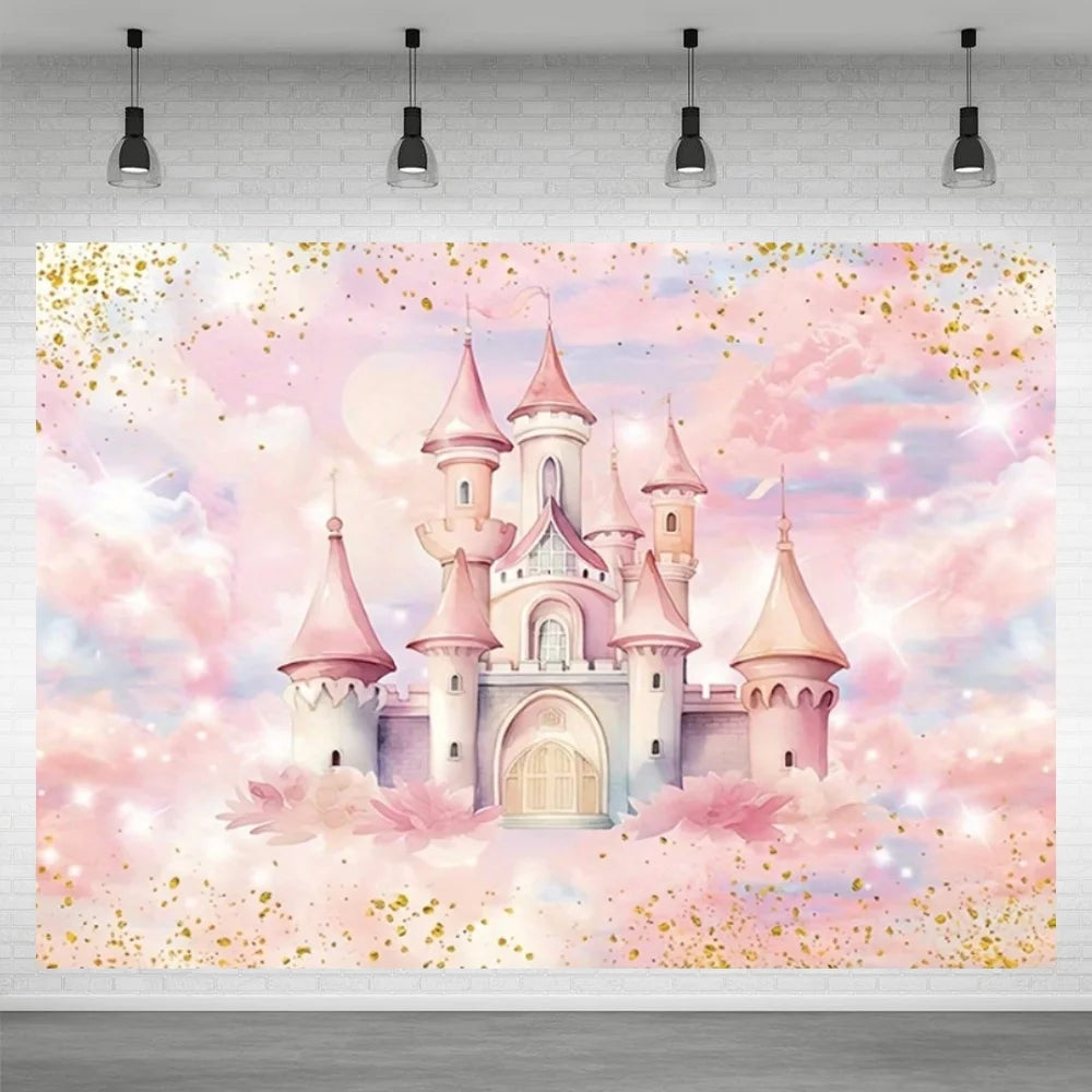 A watercolor illustration of a pink castle with towers set against a soft pink and purple sky with sparkling gold confetti.