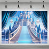 A large painting depicting a fairytale castle and grand staircase with blue drapery and lighting.