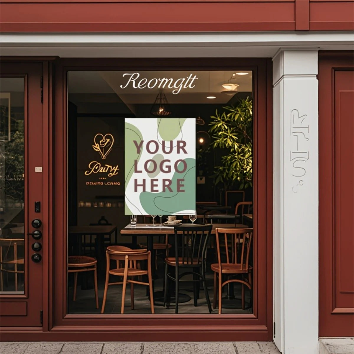 A storefront window displaying an interior with wooden tables and chairs, framed by a reddish-brown door and white trim.