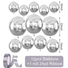 A set of 12 metallic silver foil balloons with 24 yards of ribbon.
