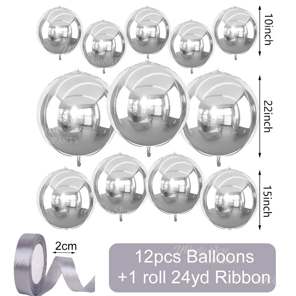 A set of 12 metallic silver foil balloons with 24 yards of ribbon.
