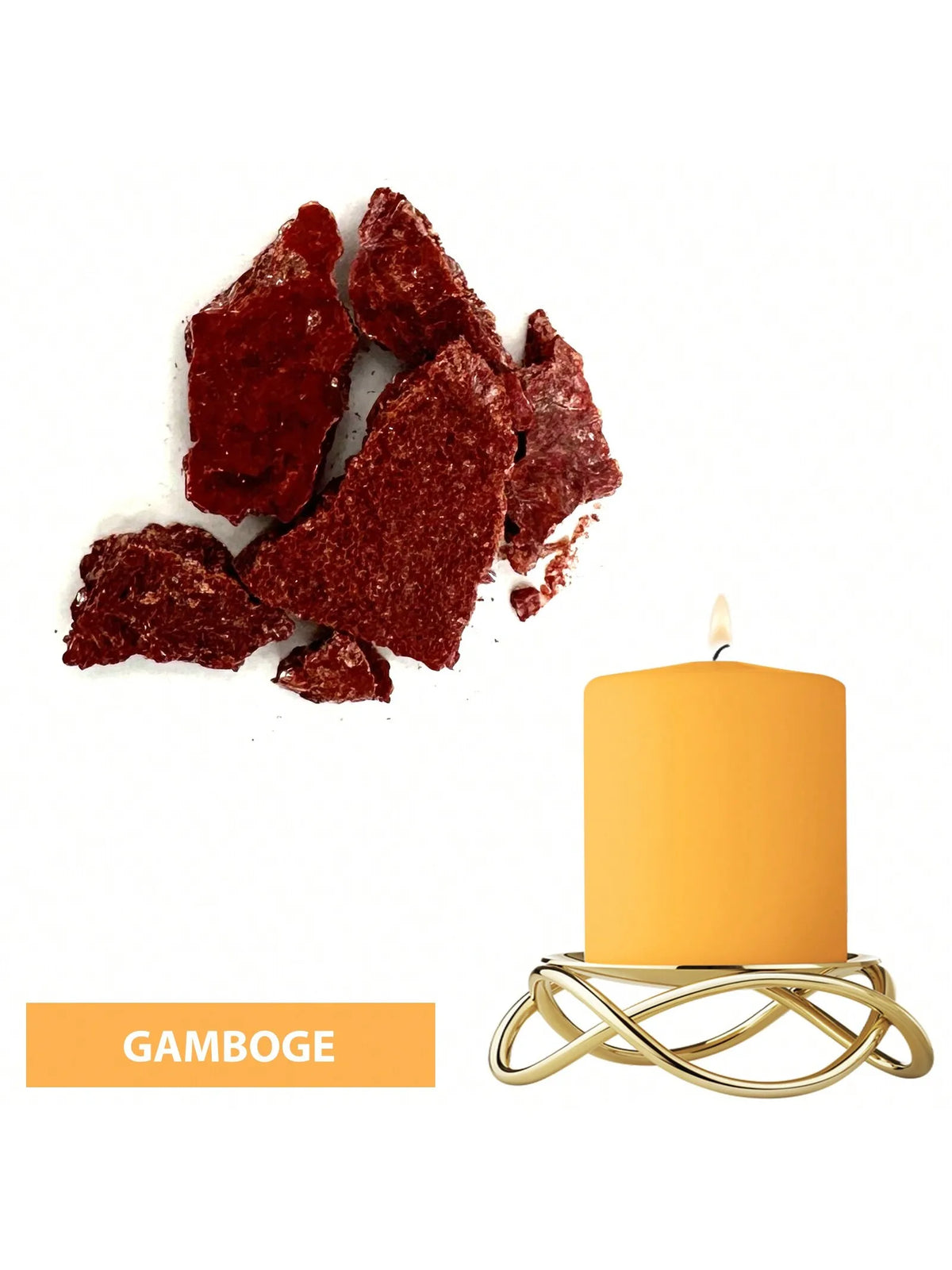 Red dye blocks used for candle making next to a golden candle holder