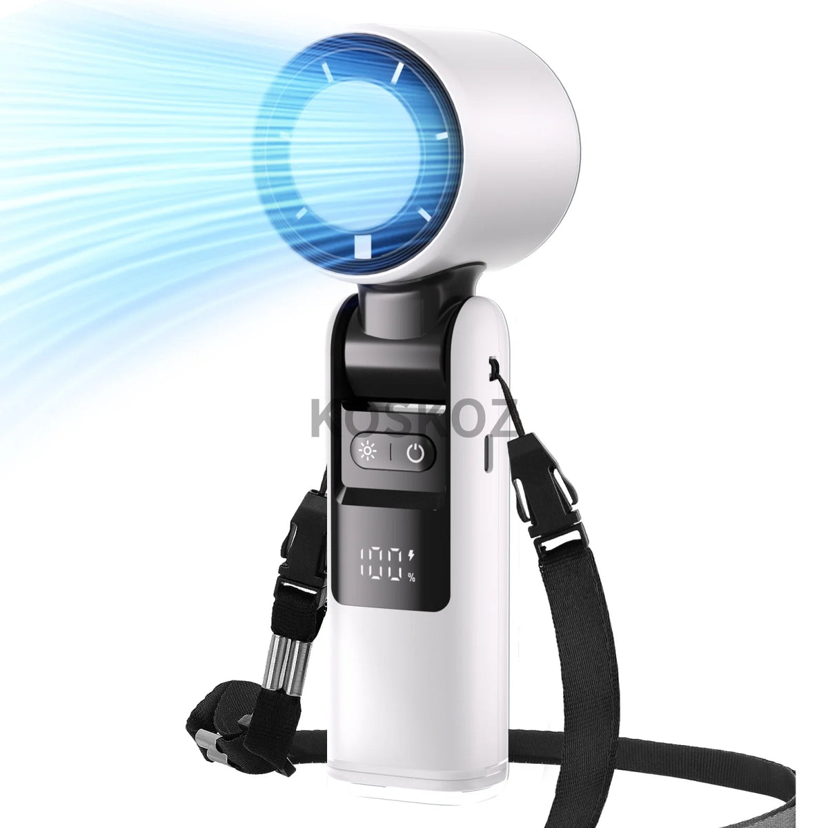 A white handheld cooling fan with a blue light beam, attached to a black strap.