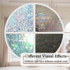 A display showing four panels of rainbow holographic privacy window film demonstrating different light effects.