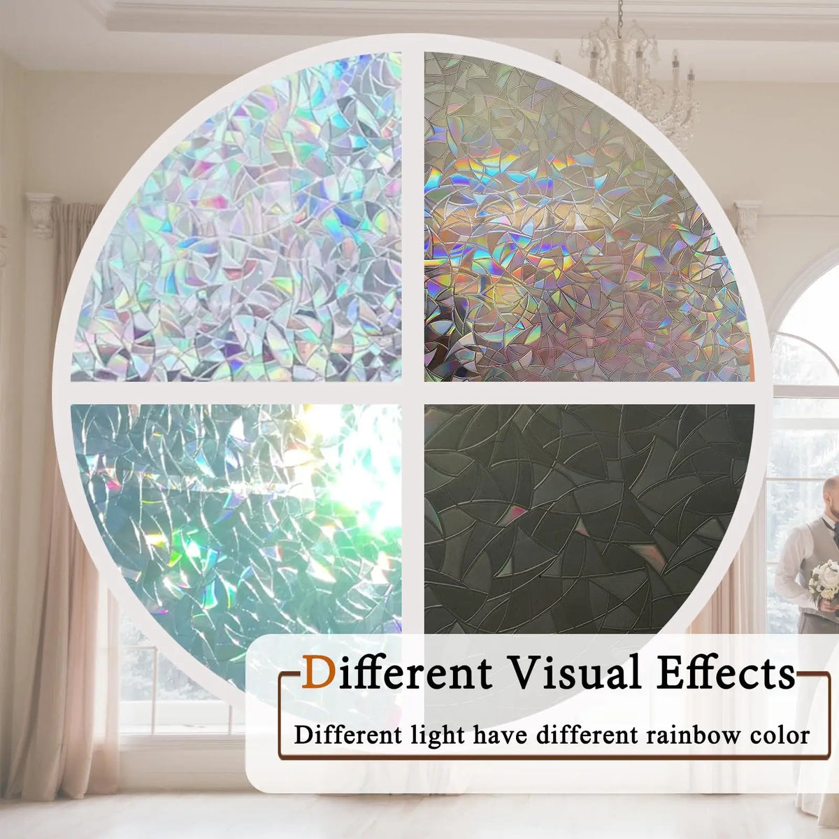 A display showing four panels of rainbow holographic privacy window film demonstrating different light effects.