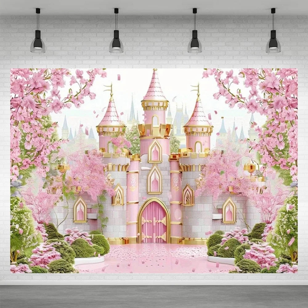 A pink and gold castle backdrop featuring lush pink cherry blossoms and greenery for a birthday party.