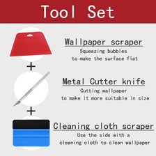 A tool set for wallpaper includes a scraper, a metal cutter knife, and a cleaning cloth scraper.