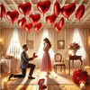 A woman in a pink dress stands in a room decorated with red heart-shaped foil balloons and flowers.