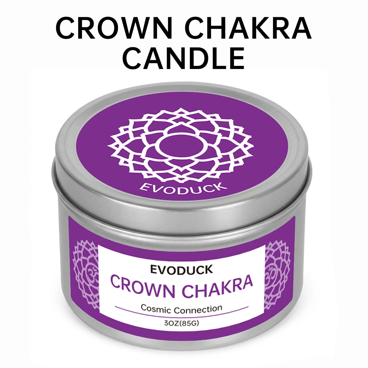 A silver tin of Crown Chakra candle with a purple label featuring a mandala design.