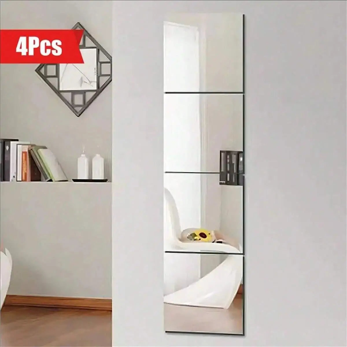 Four self-adhesive acrylic mirror tiles used as flexible decorative wall stickers.