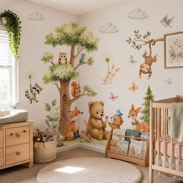 A nursery wall decorated with watercolor woodland forest animal decals, including a large tree, bears, and birds.
