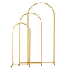 A tall, gold-colored metal arch stand used for events and celebrations.