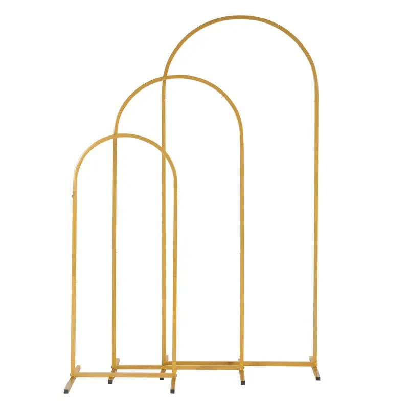 A tall, gold-colored metal arch stand used for events and celebrations.