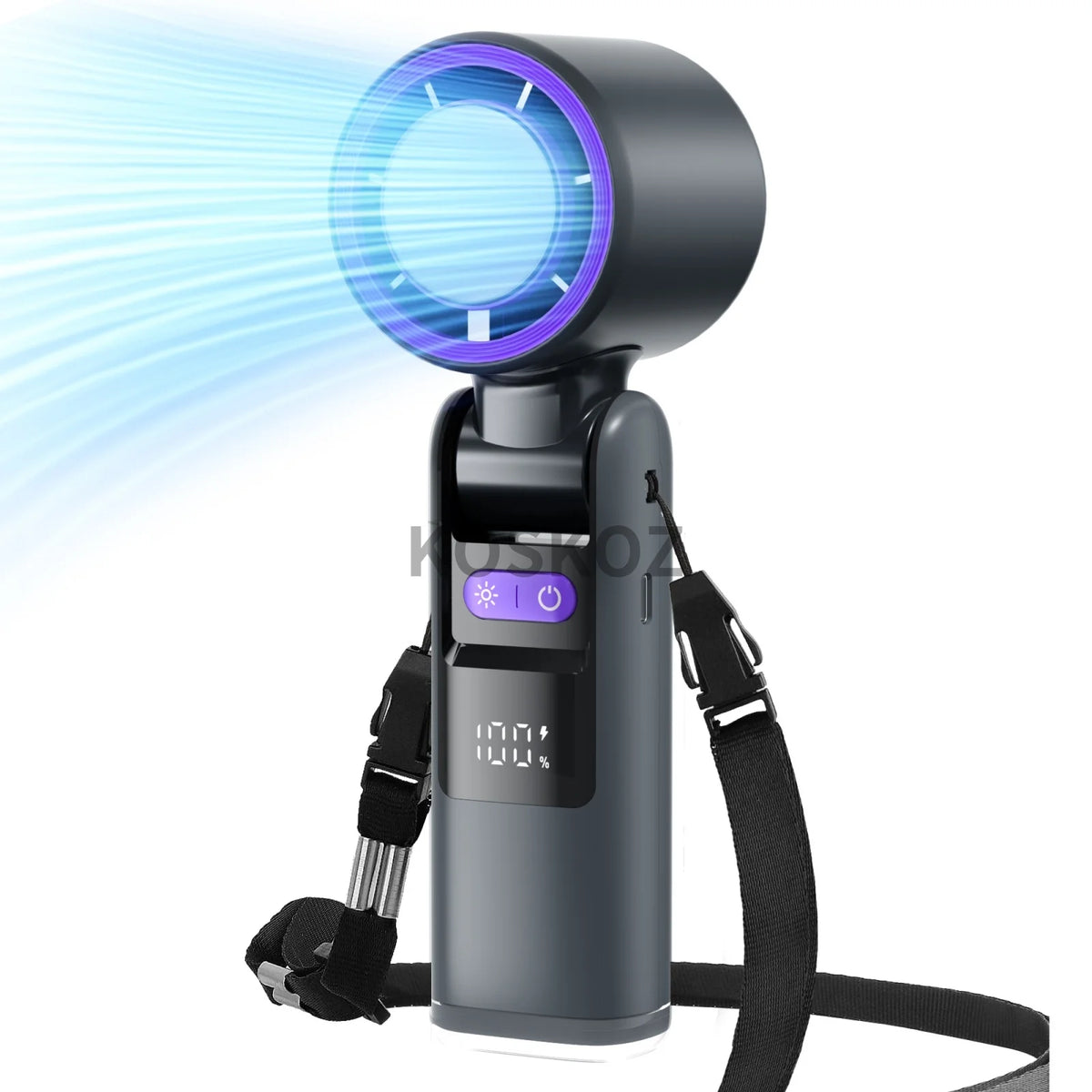 A handheld cooling fan with a blue light beam, mounted on a black strap.