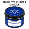 A jar of Third Eye Chakra candle labeled Evoduck with a blue background.
