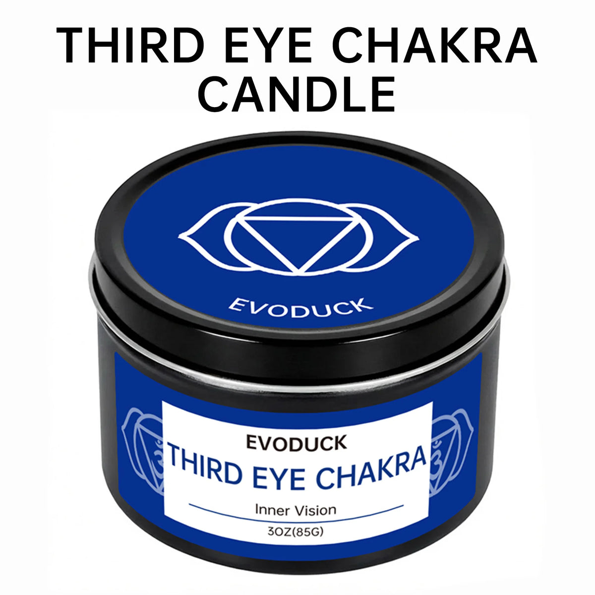 A jar of Third Eye Chakra candle labeled Evoduck with a blue background.