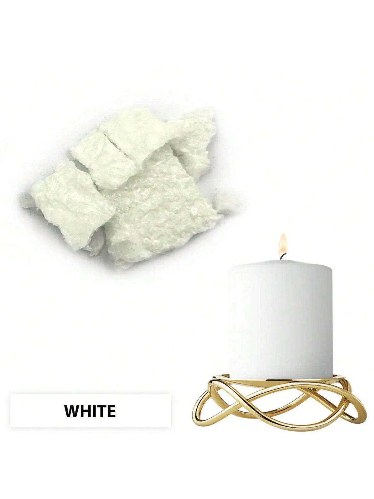 White candle dye blocks and a white pillar candle in a gold stand.