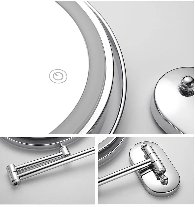 A close-up view of an illuminated double-sided magnifying makeup mirror with a USB charging feature.